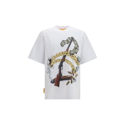 T-Shirt by PDF Channel for men in cotton gold, white, signature & print showcases a chic silhouette, artfully detailed with a chic and short-sleeve for a chic finish.