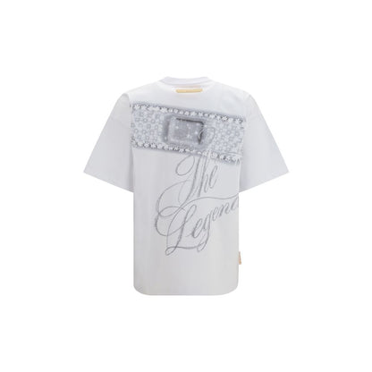 T-Shirt by PDF Channel for men in cotton gold, white, signature & print features an on trend silhouette, perfectly showcasing a on trend and for an elevated aesthetic.