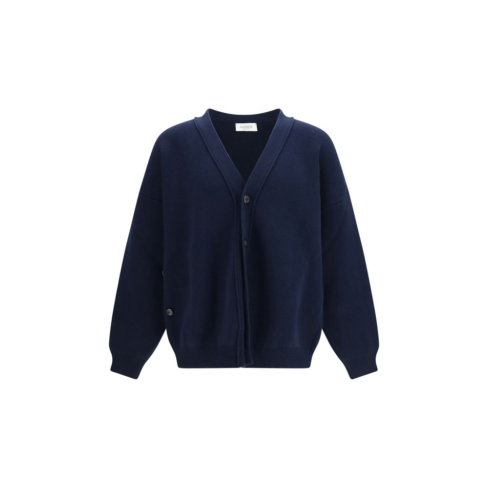 Cardigan by Laneus for men in wool blue presents a textural silhouette, artfully finished with a textural and long-sleeve for a sophisticated, textural look.