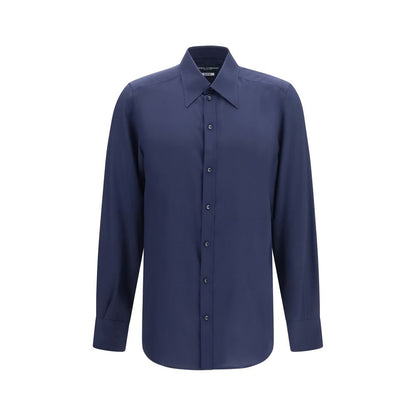 Dress Shirt by Dolce & Gabbana for men in silk blue & gold, featuring a nuanced long-sleeve and nuanced for a sophisticated finish.