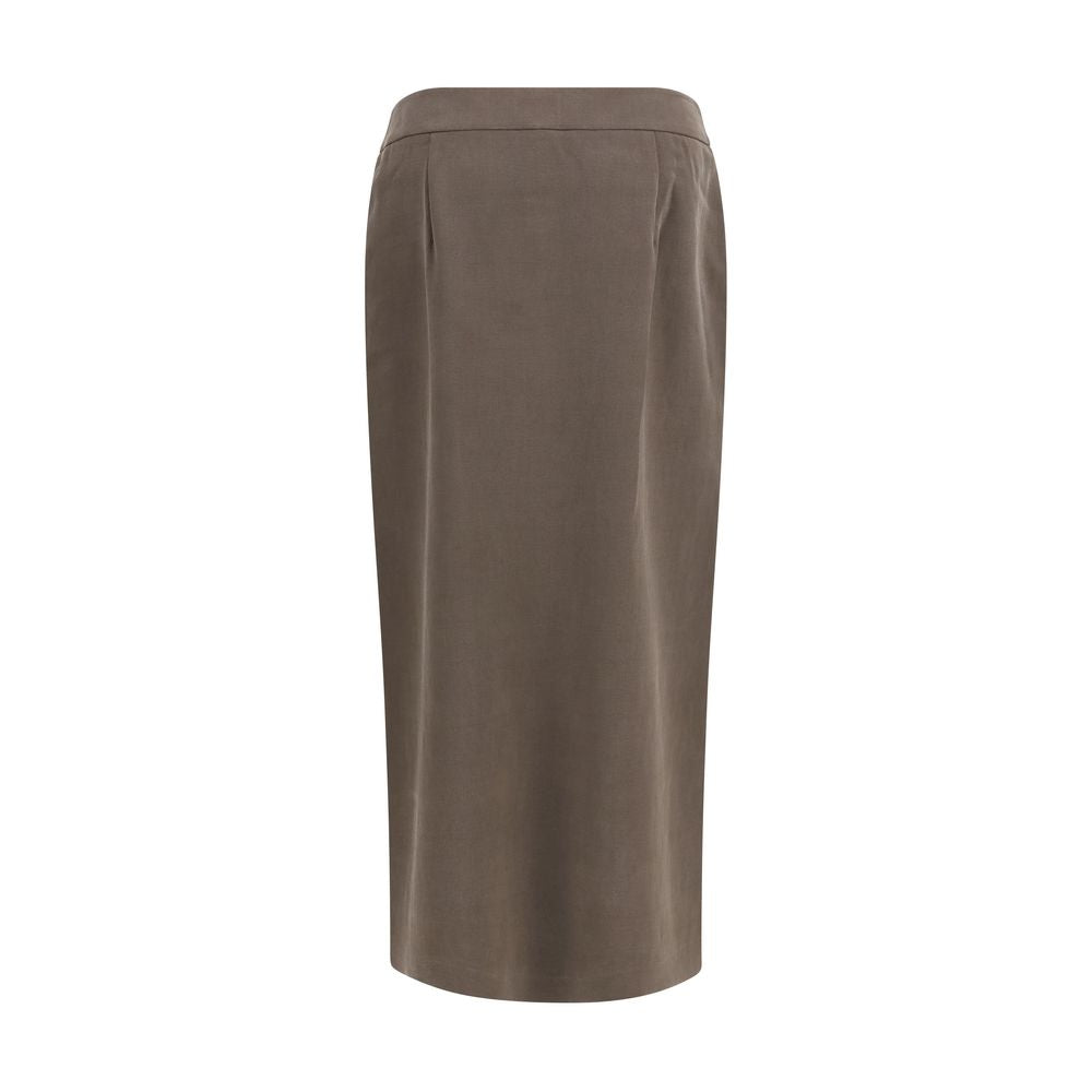 Skirt by Giorgio Armani for women in virgin wool polyamide & viscose brown & natural features a captivating silhouette, showcasing the captivating Women's Wrap A Line Virgin Wool Polyamide & Viscose Long Skirt design with a sophisticated long for a captivating look.