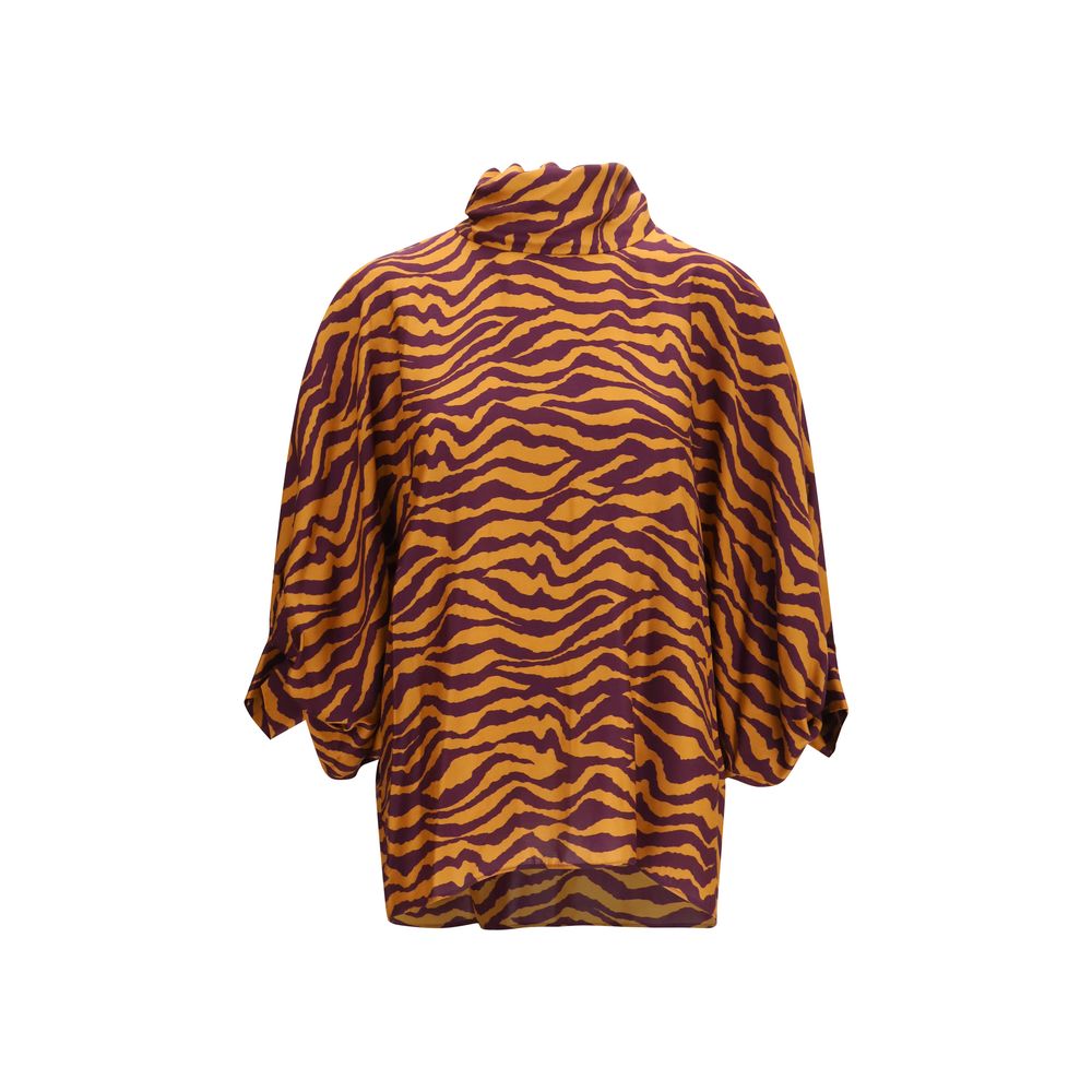 Blouse by Kristina Ti for women in silk & viscose orange & print showcases a sharp silhouette, elegantly detailed with a sharp high-collar neckline and sharp .