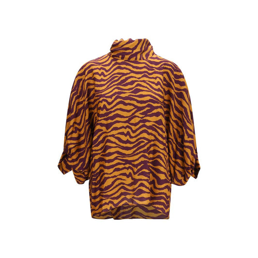 Blouse by Kristina Ti for women in silk & viscose orange & print showcases a sharp silhouette, elegantly detailed with a sharp high-collar neckline and sharp .