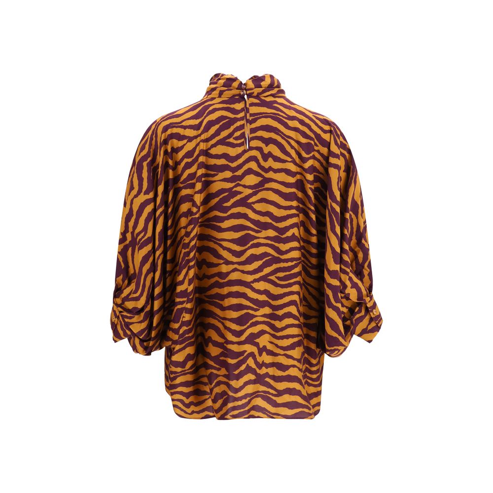 Blouse by Kristina Ti for women in silk & viscose orange & print, featuring a nuanced and nuanced high-collar neckline for a sophisticated finish.