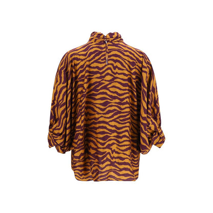 Blouse by Kristina Ti for women in silk & viscose orange & print, featuring a nuanced and nuanced high-collar neckline for a sophisticated finish.