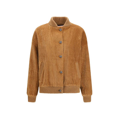 This Bomber Jacket by Kristina Ti for women in modal cotton corduroy brown exhibits a edgy silhouette, meticulously detailed with functional pockets and a edgy high-collar neckline for a edgy finish.