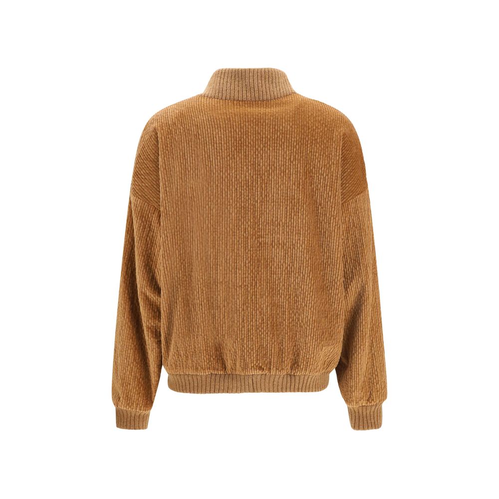 Bomber Jacket by Kristina Ti for women in modal cotton corduroy brown features a dramatic silhouette, showcasing a sophisticated high-collar neckline and distinctive pockets for a dramatic aesthetic.