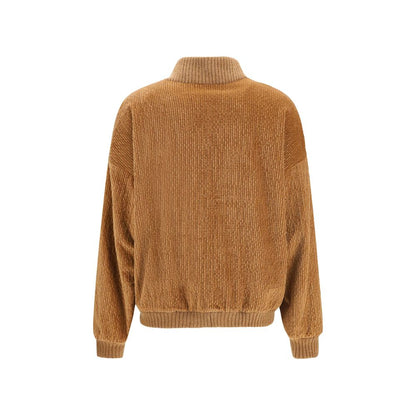 Bomber Jacket by Kristina Ti for women in modal cotton corduroy brown features a dramatic silhouette, showcasing a sophisticated high-collar neckline and distinctive pockets for a dramatic aesthetic.