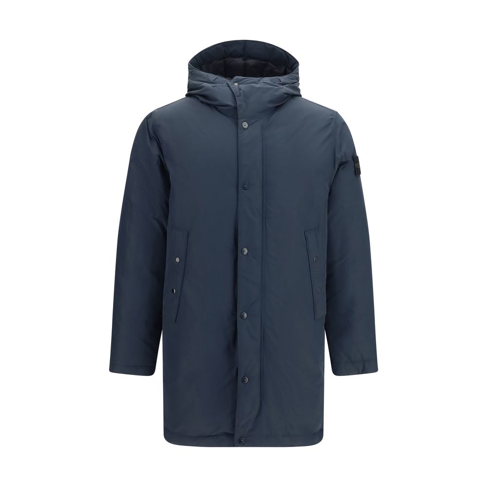 Hooded Puffer Jacket by Stone Island for men in polyester nylon & duck-down blue features an contemporary silhouette, showcasing a sophisticated hooded neckline and contemporary pockets, hooded & insulated for a truly refined look.