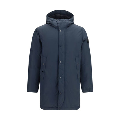 Hooded Puffer Jacket by Stone Island for men in polyester nylon & duck-down blue features an contemporary silhouette, showcasing a sophisticated hooded neckline and contemporary pockets, hooded & insulated for a truly refined look.