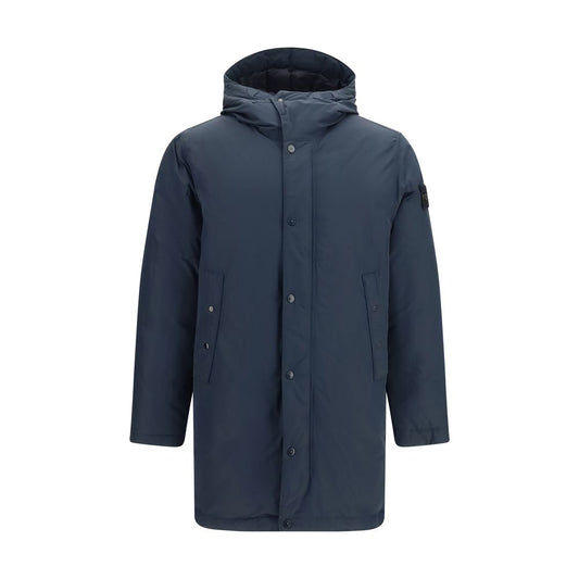 Hooded Puffer Jacket by Stone Island for men in polyester nylon & duck-down blue features an contemporary silhouette, showcasing a sophisticated hooded neckline and contemporary pockets, hooded & insulated for a truly refined look.