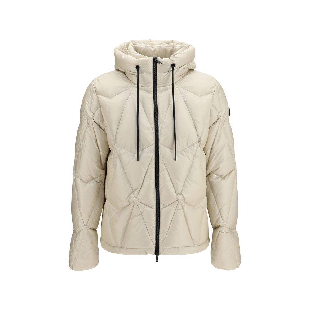 Hooded Puffer Jacket by Moose Knuckles for men in nylon & duck-down beige features an contemporary silhouette, showcasing a sophisticated hooded neckline and contemporary pockets, hooded & insulated for a truly refined look.