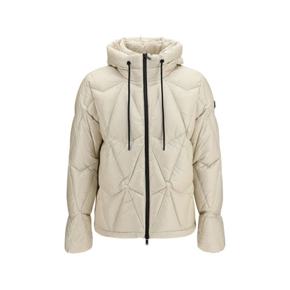Hooded Puffer Jacket by Moose Knuckles for men in nylon & duck-down beige features an contemporary silhouette, showcasing a sophisticated hooded neckline and contemporary pockets, hooded & insulated for a truly refined look.