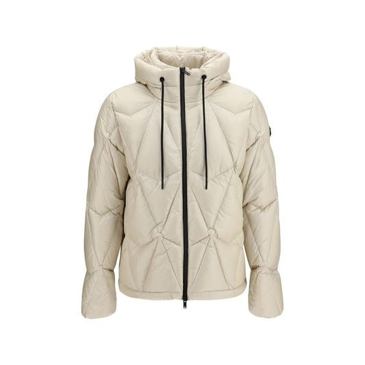 Hooded Puffer Jacket by Moose Knuckles for men in nylon & duck-down beige features an contemporary silhouette, showcasing a sophisticated hooded neckline and contemporary pockets, hooded & insulated for a truly refined look.