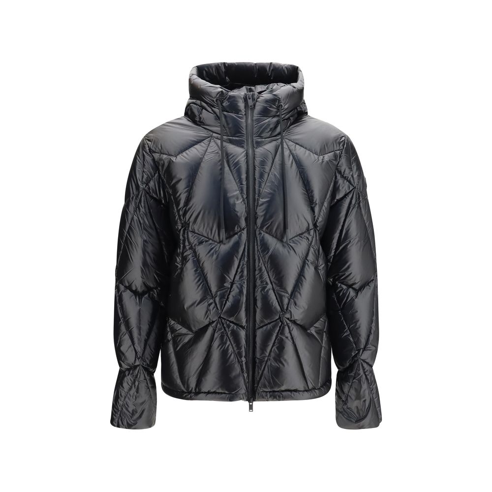 Hooded Puffer Jacket by Moose Knuckles for men in nylon & duck-down black features a dramatic silhouette, showcasing a sophisticated hooded neckline and distinctive pockets, hooded, insulated & windproof for a dramatic aesthetic.