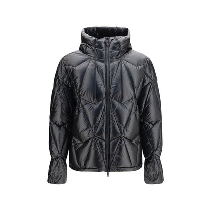 Hooded Puffer Jacket by Moose Knuckles for men in nylon & duck-down black features a dramatic silhouette, showcasing a sophisticated hooded neckline and distinctive pockets, hooded, insulated & windproof for a dramatic aesthetic.
