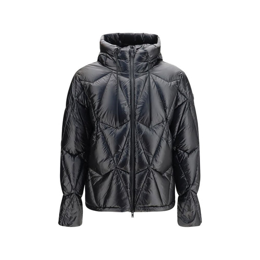 Hooded Puffer Jacket by Moose Knuckles for men in nylon & duck-down black features a dramatic silhouette, showcasing a sophisticated hooded neckline and distinctive pockets, hooded, insulated & windproof for a dramatic aesthetic.