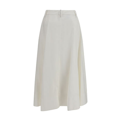 Skirt by Brunello Cucinelli for women in linen viscose & silk white showcases a sultry silhouette, elegantly defined by its long and the sophisticated sultry design of the Women's Tailored Linen Viscose & Silk Long Skirt.