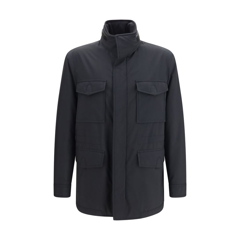 Overcoat by Brioni for men in polyamide leather & merino wool blue & horn features an voluminous silhouette, showcasing distinct breathable-design & pockets and a voluminous for a truly voluminous aesthetic.