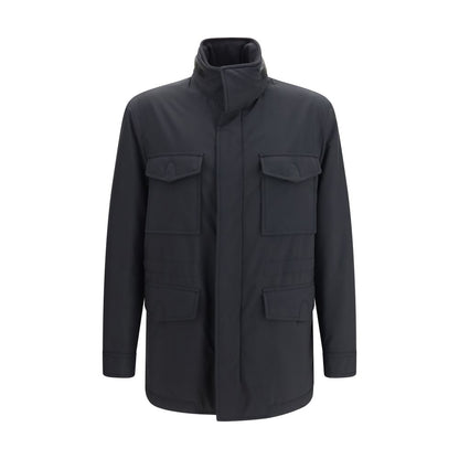 Overcoat by Brioni for men in polyamide leather & merino wool blue & horn features an voluminous silhouette, showcasing distinct breathable-design & pockets and a voluminous for a truly voluminous aesthetic.