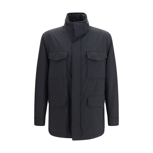 Overcoat by Brioni for men in polyamide leather & merino wool blue & horn features an voluminous silhouette, showcasing distinct breathable-design & pockets and a voluminous for a truly voluminous aesthetic.