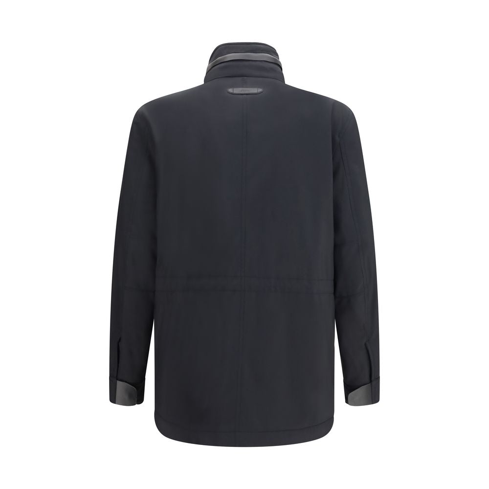 Overcoat by Brioni for men in polyamide leather & merino wool blue & horn features a cosy chic silhouette, artfully detailed with a sophisticated and premium breathable-design & pockets for a cosy chic finish.