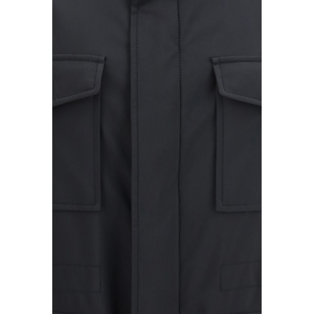 Overcoat by Brioni for men in polyamide leather & merino wool blue & horn showcases a enveloping silhouette, detailed with distinctive breathable-design & pockets and a enveloping .