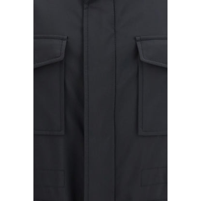 Overcoat by Brioni for men in polyamide leather & merino wool blue & horn showcases a enveloping silhouette, detailed with distinctive breathable-design & pockets and a enveloping .