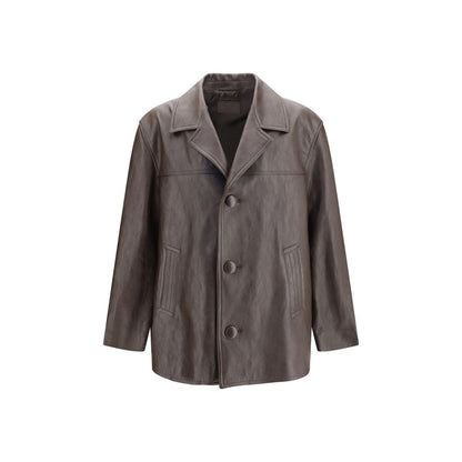 Jacket by Prada for men in lamb leather brown presents a impeccable silhouette, showcasing distinct pockets and a impeccable for a sophisticated finish.