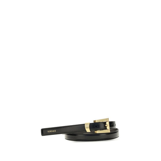 Belt by Versace for women in bos taurus calf leather black & print features a versatile silhouette, artfully showcasing the versatile design of the Bos Taurus Calf Leather Belt for a sophisticated, premium finish.
