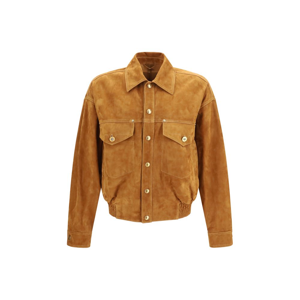 Jacket by Versace for men in lamb leather brown presents a impeccable silhouette, showcasing distinct pockets and a impeccable for a sophisticated finish.