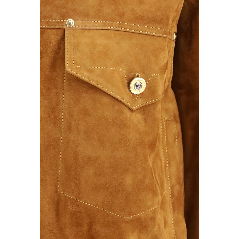Jacket by Versace for men in lamb leather brown features a smart silhouette, perfectly accentuated by its unique and functional pockets for a smart finish.
