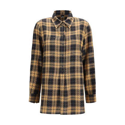 Shirt by PINKO for women in viscose & rhinestone beige & patterned features an architectural silhouette with a refined long-sleeve and elegant for a architectural look.