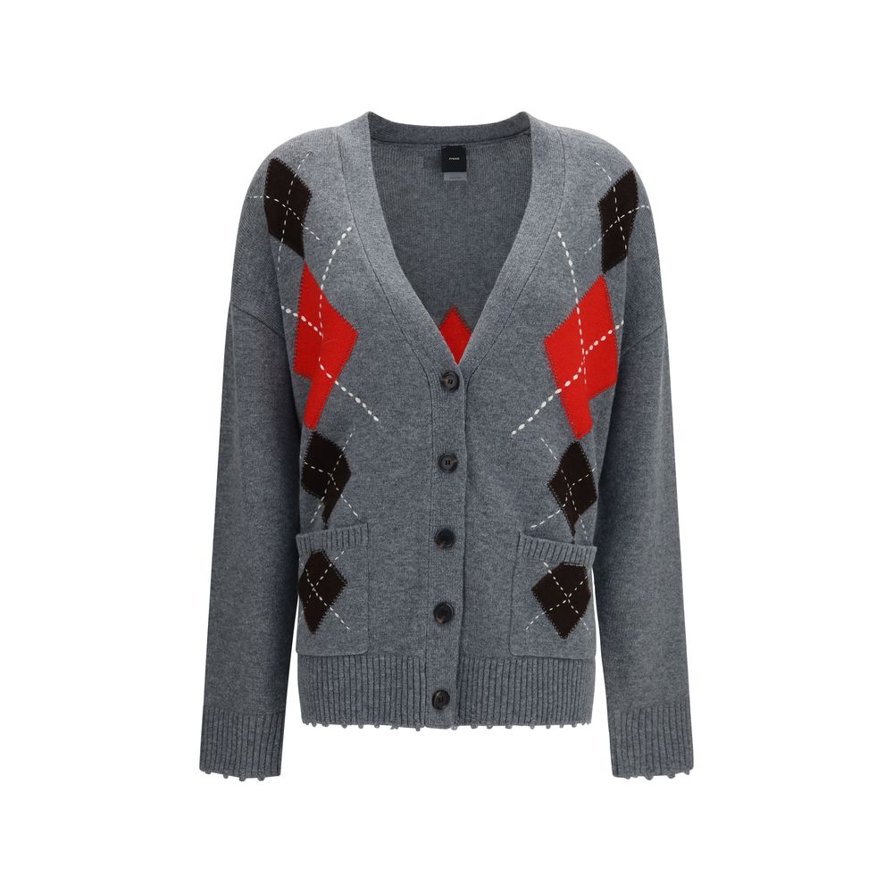 Cardigan by PINKO for women in cashmere merino wool & capra leather gray, patterned & jacquard showcases a luxurious silhouette, meticulously detailed with a sophisticated v-neck neckline and long-sleeve for a refined finish.