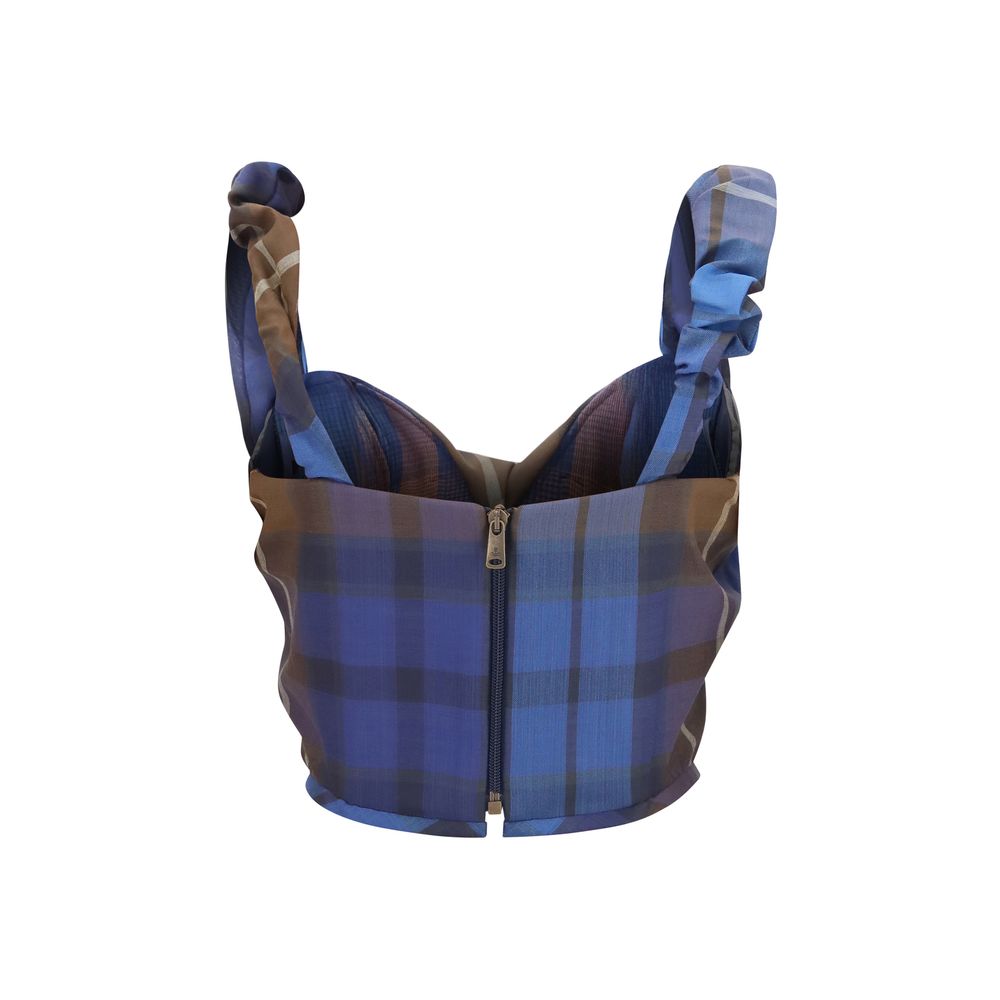 Corset by Vivienne Westwood for women in polyester blue & checked showcases a discreet silhouette, artfully capturing the essence of the discreet Women's Polyester Corset design for a sophisticated look.