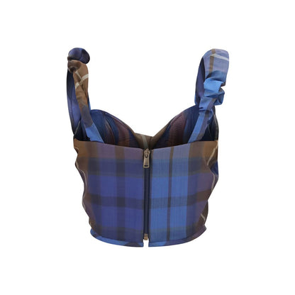 Corset by Vivienne Westwood for women in polyester blue & checked showcases a discreet silhouette, artfully capturing the essence of the discreet Women's Polyester Corset design for a sophisticated look.