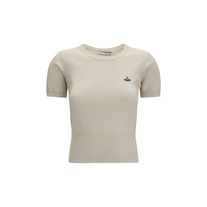 T-Shirt by Vivienne Westwood for women in cashmere cotton & capra leather white showcases a fashionable silhouette, elegantly detailed with a fashionable short-sleeve and crew neckline for a sophisticated, high-fashion look.