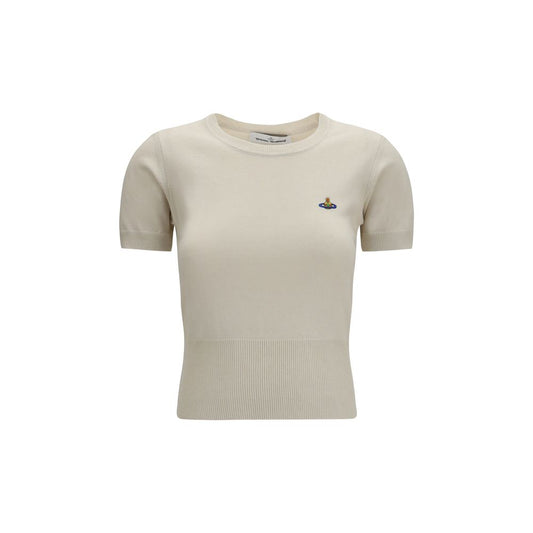 T-Shirt by Vivienne Westwood for women in cashmere cotton & capra leather white showcases a fashionable silhouette, elegantly detailed with a fashionable short-sleeve and crew neckline for a sophisticated, high-fashion look.