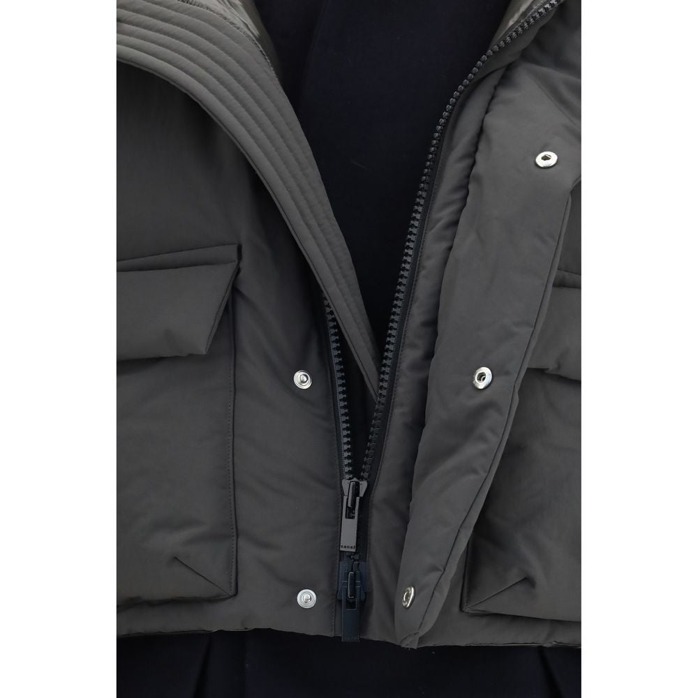 Overcoat by Sacai for women in polyester multicolor presents a luxurious silhouette, showcasing a luxurious and sophisticated pockets & insulated for a premium, luxurious look.