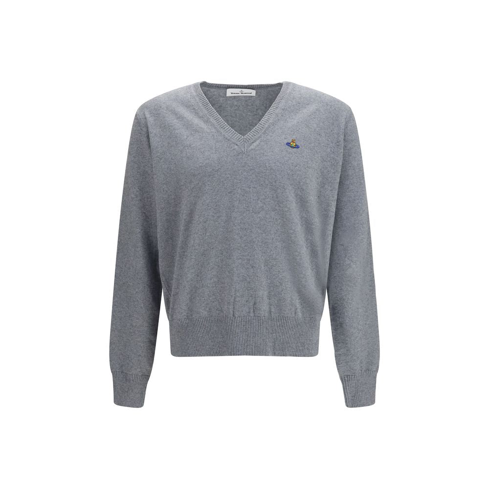 Sweatshirt by Vivienne Westwood for men in cashmere cotton & capra leather gray & multicolor features an magnificent silhouette, showcasing a sophisticated v-neck neckline and long-sleeve detail for a truly magnificent finish.
