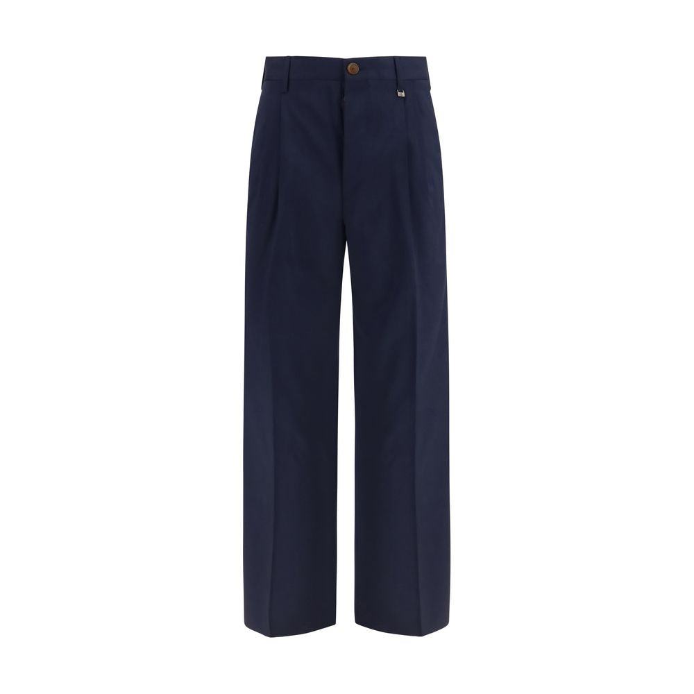 Trousers by Vivienne Westwood for men in virgin wool blue features an sartorial silhouette, showcasing a precise regular-fit & wide and long with a sartorial high rise for a refined look.
