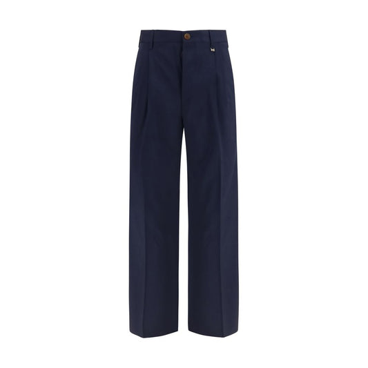 Trousers by Vivienne Westwood for men in virgin wool blue features an sartorial silhouette, showcasing a precise regular-fit & wide and long with a sartorial high rise for a refined look.
