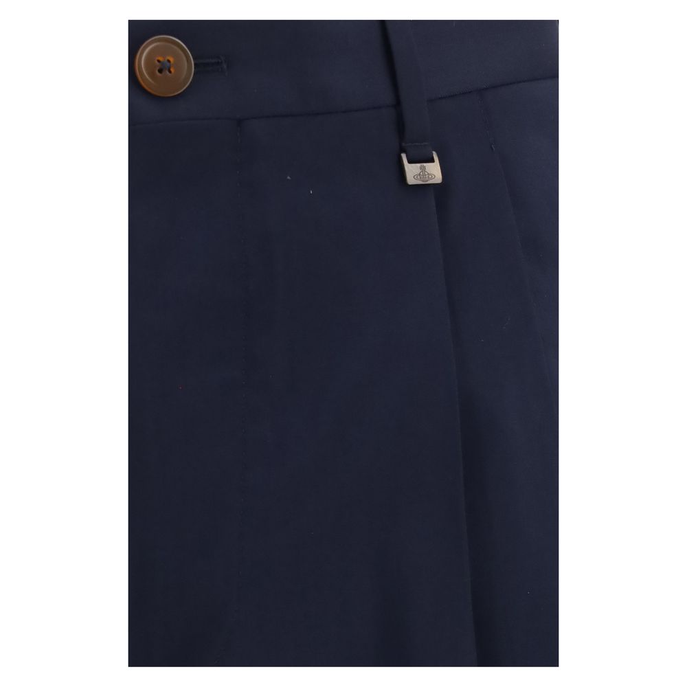 Trousers by Vivienne Westwood for men in virgin wool blue features an on trend silhouette, showcasing a sophisticated regular-fit & wide with a long and high rise for an on trend finish.