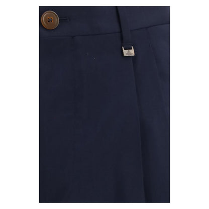 Trousers by Vivienne Westwood for men in virgin wool blue features an on trend silhouette, showcasing a sophisticated regular-fit & wide with a long and high rise for an on trend finish.