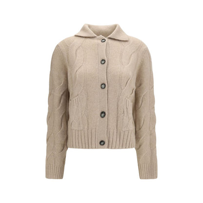 Cardigan by Allude for women in cashmere silk & capra leather beige presents a textural silhouette, artfully finished with a textural high-collar neckline and long-sleeve for a sophisticated, textural look.