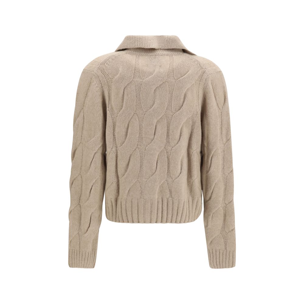 Cardigan by Allude for women in cashmere silk & capra leather beige features a dramatic silhouette, showcasing a sophisticated high-collar neckline and dramatic detail for a timeless, premium look.