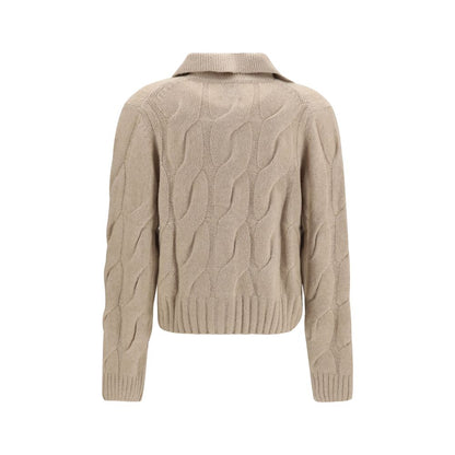 Cardigan by Allude for women in cashmere silk & capra leather beige features a dramatic silhouette, showcasing a sophisticated high-collar neckline and dramatic detail for a timeless, premium look.