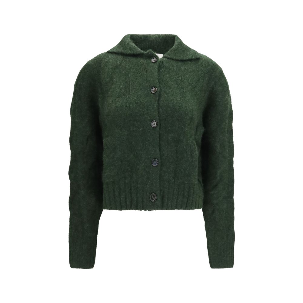 Cardigan by Allude for women in cashmere silk & capra leather bicolour features a nuanced silhouette with a refined high-collar neckline and nuanced long-sleeve detailing for a sophisticated look.