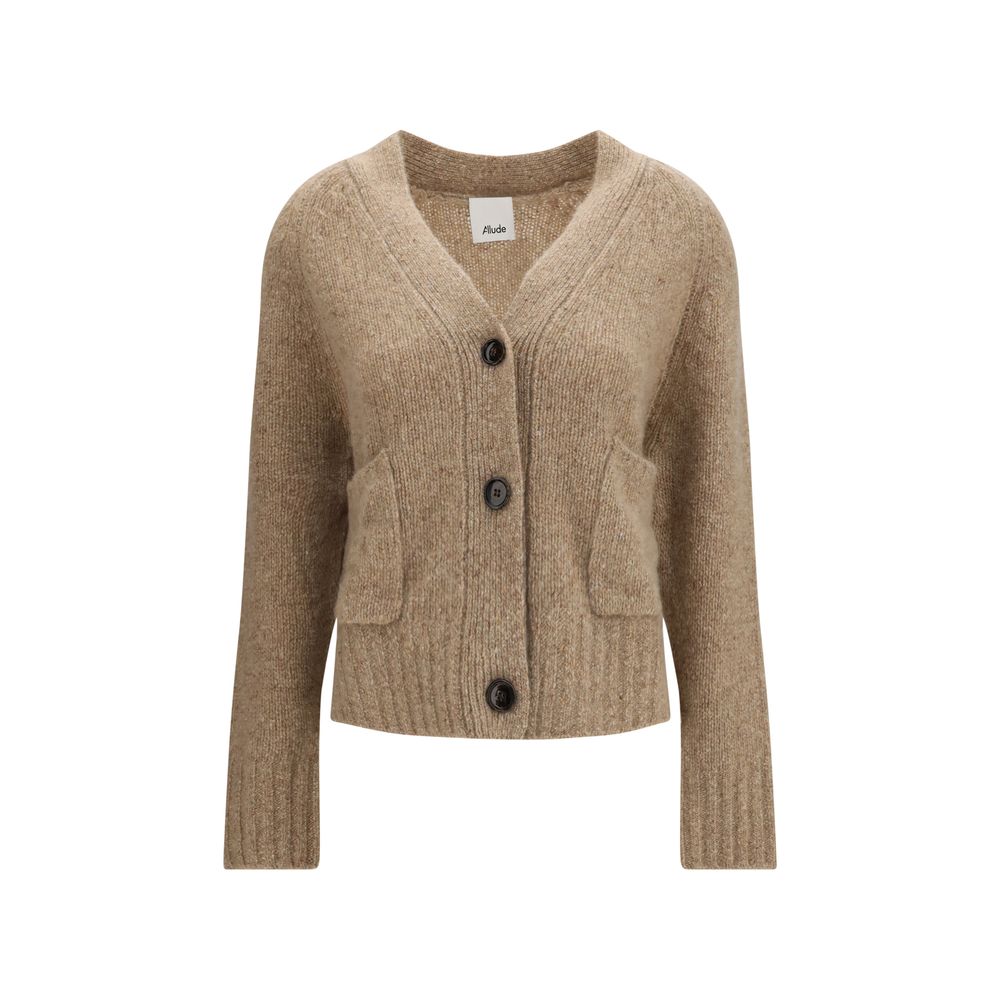 Cardigan by Allude for women in cashmere & capra leather beige features an crisp silhouette, showcasing a sophisticated v-neck neckline and detail for a truly crisp finish.