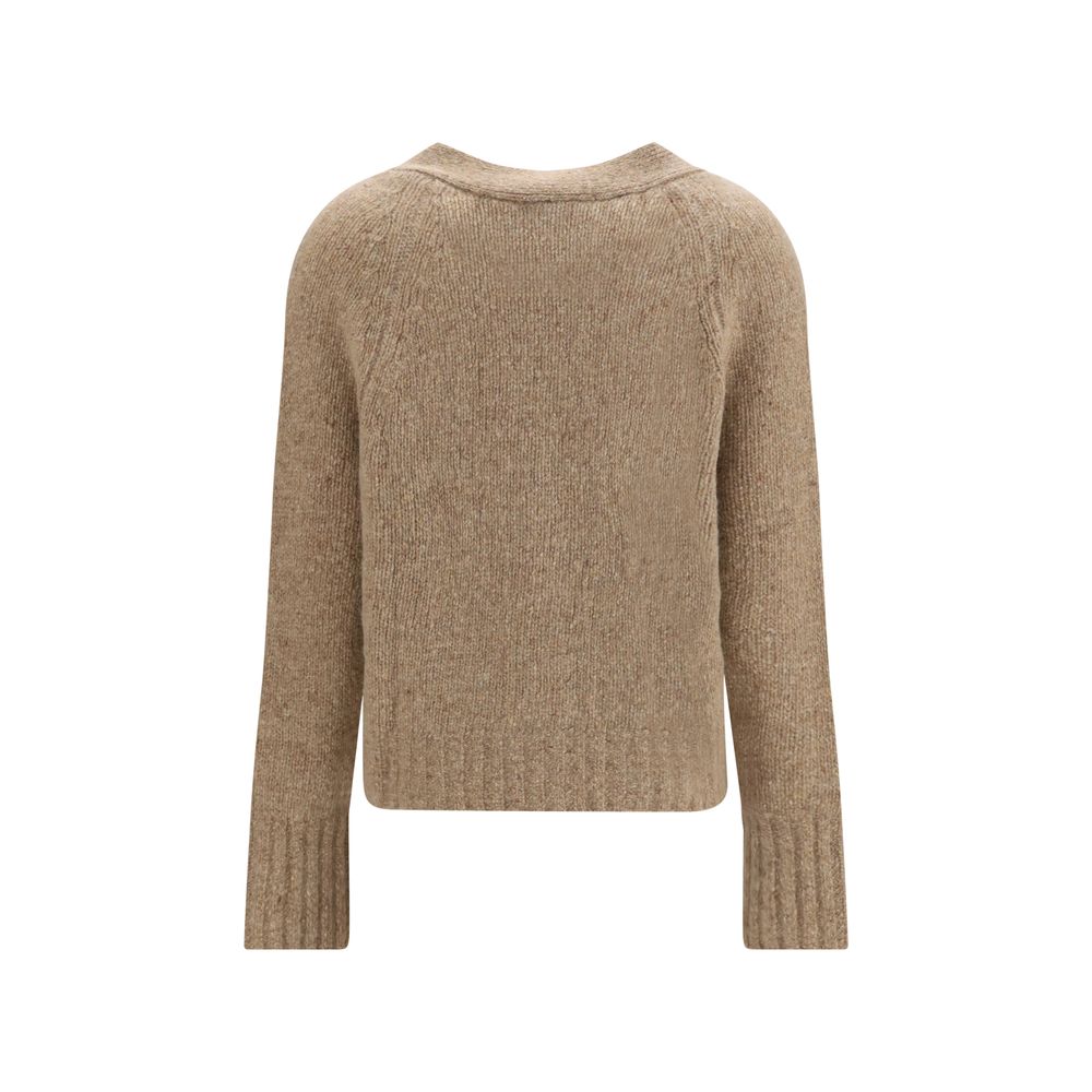 Cardigan by Allude for women in cashmere & capra leather beige showcases a luxurious silhouette, meticulously detailed with a sophisticated v-neck neckline and for a refined finish.